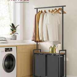 VASAGLE Cos de rufe, 2 compartimente, saci de rufe detasabili, 1 raft, tija umerase, 2x46L, 73x33x175cm, maro rustic