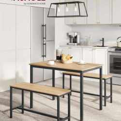 VASAGLE Masa de bar cu 2 banci, design industrial, 110x70x75 cm, stejar natur
