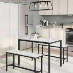 VASAGLE Masa de bar cu 2 banci, design industrial, 110x70x75 cm, alb marmura