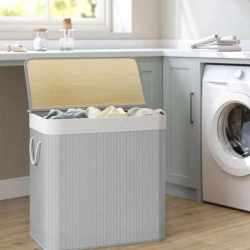 SONGMICS Cos de rufe din bambus, pliabil, cu captuseala detasabila lavabila, 3 compartimente, 150L, 60x40x62cm, gri
