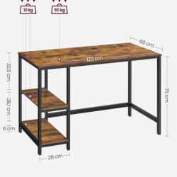 VASAGLE Birou cu 2 rafturi pe stanga sau dreapta, cadru din otel, 60x120x75cm, industrial, maro rustic si negru