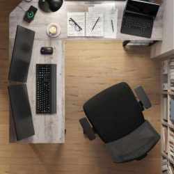 VASAGLE Birou de colt in forma de L, cu 2 rafturi de depozitare, 138x138x75cm, industrial, gri si negru