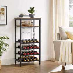 VASAGLE Raft pentru vinuri, capacitate 20 de sticle, cu suport pentru pahare, stil industrial, 50x32x100cm, maro rustic si negru