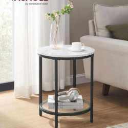 VASAGLE Masa rotunda, cu cadru de otel, noptiera, 45x55cm, negru cu blat alb aspect marmura
