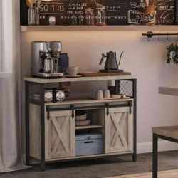 VASAGLE Comoda pentru living sau bucatarie, cu 2 usi glisante, rafturi reglabile, stil rustic, 33x100x80cm, gri