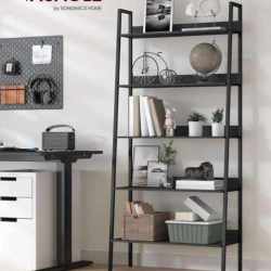 VASAGLE Biblioteca tip scara, cadru otel cu 5 polite, stil industrial, 80x30x170 cm, negru