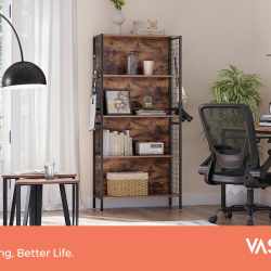 VASAGLE Biblioteca, raft cu 4 niveluri, cadru otel si polite din MDF, 74x30x155cm, maro rustic si negru