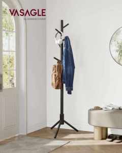 VASAGLE Cuier lemn masiv 47x47x175 cm, 8 carlige si inaltime reglabila, baza triunghiulara, negru
