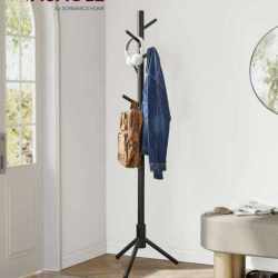VASAGLE Cuier lemn masiv 47x47x175 cm, 8 carlige si inaltime reglabila, baza triunghiulara, negru
