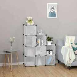 SONGMICS Organizator modular 93x31x93 cm, 9 cuburi cu usi, plastic si cadru metalic, alb