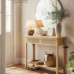 VASAGLE Consola hol 100x30x80 cm, 2 sertare, raft deschis, colturi rotunjite, stil boho, MDF si ratan PVC, bej stejar