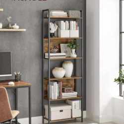 VASAGLE Biblioteca 60x24x186 cm, 6 rafturi, stil industrial, PAL si otel, maro rustic-negru