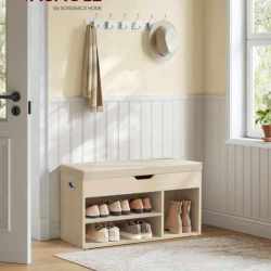 VASAGLE Pantofar cu banca, capitonata, 3 compartimente, sarcina 150 kg, 30x80x44cm, modern, bej
