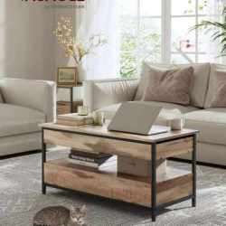 VASAGLE Masuta de cafea cu blat rabatabil 100x50 cm, 5 compartimente, stil industrial, PAL si otel, maro-negru