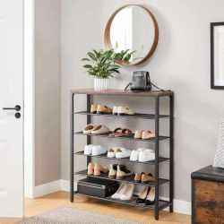 VASAGLE Etajera pantofi cu 5 rafturi si polita superioara, 100x30x110 cm, maro rustic