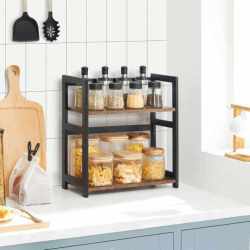 SONGMICS Raft de depozitare pe 2 niveluri, MDF, organizator de birou sau bucatarie, 42x18x43 cm, maro rustic