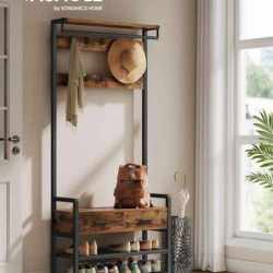 VASAGLE Cuier cu polite de depozitare pantofi si 2 sertare, cadru din otel, stil industrial, 30x80x182cm, maro rustic