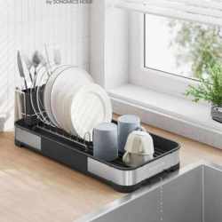 SONGMICS Uscator de vase si tacamuri, din inox, suport pentru tacamuri si sistem de scurgere, 21x45x13 cm