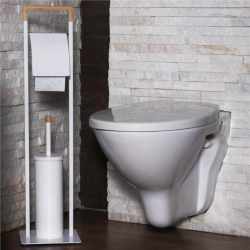 Stand cu perie WC si suport hartie igienica, metal si bambus, 74cm, alb