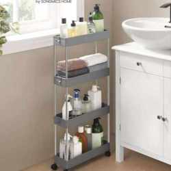 SONGMICS Carucior de depozitare pe roti, pentru bucatarie sau baie, din plastic, cu 4 nivele, 40x13x88cm, gri