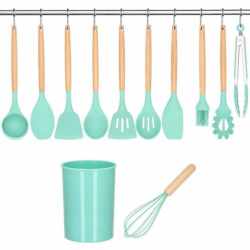 Set Sersimo 12 ustensile de bucatarie din silicon termorezistent si maner din bambus, verde
