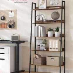 VASAGLE Biblioteca tip scara, cadru otel cu 5 polite, stil industrial, 80x30x170 cm, maro
