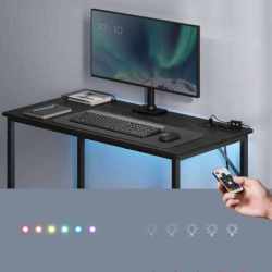 VASAGLE Birou cu iluminare LED, priza incorporata, 2 USB, 50x100x76 cm, negru