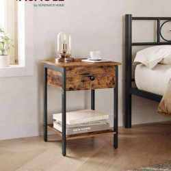 VASAGLE Noptiera din lemn cu cadru din otel, 1 sertar si 1 raft, 40x40x55, maro rustic si negru