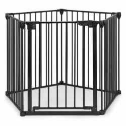 Bariera de siguranta pliabila 300x74 cm, 5 panouri si poarta cu blocare automata, metal si plastic, neagra