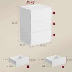 VASAGLE Noptiera cu 3 sertare, din PAL, cu 2 prize si 2 porturi USB, 40x35x59 cm, alb