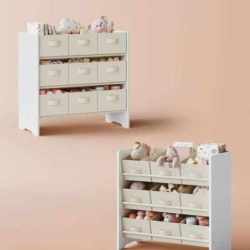 SONGMICS Raft jucarii si carti 63x30x60 cm, cu 9 cutii textile detasabile, MDF, alb