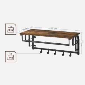 VASAGLE Cuier de perete cu raft de depozitare, 5 carlige detasabile, 30x66x27cm, maro rustic si negru
