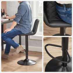 SONGMICS Set de 2 scaune de bar, cu spatar, reglabile in inaltime, tapitat cu PU, 47x51x(89-109)cm, negru