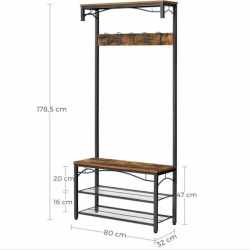 VASAGLE Cuier pentru haine, suport pentru pantofi si banca cu rafturi, cu carlige, cadru metalic mat, 80x32x178cm