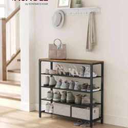 VASAGLE Raft de pantofi, cu 4 rafturi din plasa, cadru din otel, industrial, 30x100x92cm, maro rustic si negru