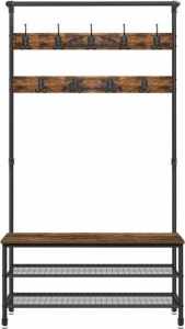 VASAGLE Cuier pentru haine cu 9 carlige si suport pentru pantofi, stil industrial, cadru din otel, 100x42x182 cm
