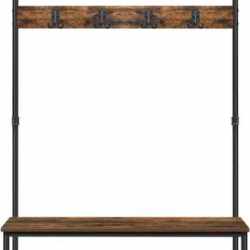 VASAGLE Cuier pentru haine cu 9 carlige si suport pentru pantofi, stil industrial, cadru din otel, 100x42x182 cm