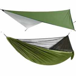Hamac dublu din material parasuta 140x260cm, cu plasa de tantari si baldachin impermeabil, 200kg, verde