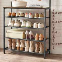 VASAGLE Cuier de hol cu depozitare pentru pantofi, 5 niveluri, 5 carlige duble, raft, 80x31x183cm, industrial, maro rustic si negru
