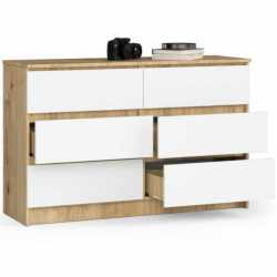 Comoda cu 6 sertare, PAL laminat, 120x40x77 cm, stejar artisan si alb