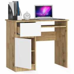 Birou computer PIKSEL, cu sertar, dulap si raft pentru tastatura, stanga, 90x50x77 cm, stejar artisan si alb