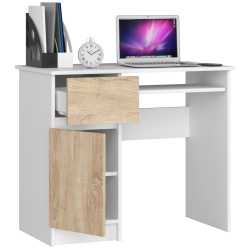 Birou computer PIKSEL, cu sertar, dulap si raft pentru tastatura, stanga, 90x50x77 cm, alb si stejar sonoma