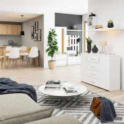 Comoda cu 4 sertare si 2 usi, PAL laminat, 110x35x80 cm, alb mat