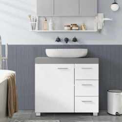 VASAGLE Dulap baie lavoar, cu 3 sertare si 2 compartimente, MDF, 70x30x64 cm, alb si gri