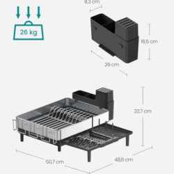 SONGMICS Suport vase inox cu scurgere extensibila, compartimente tacamuri si pahare, 51x49x23 cm, negru