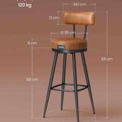 VASAGLE set 2 scaune de bar rotative 360°, cu spatar, inaltime 101 cm, piele sintetica, cadru otel, stil modern, maro