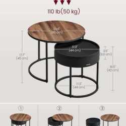 VASAGLE Set 2 masute cafea, cu blat detasabil si spatiu de depozitare ascuns, 45x45x42 cm, culoare nuc