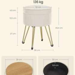 SONGMICS Taburet rotund cu spatiu de depozitare, tapitat catifea, 32x39x44 cm, crem