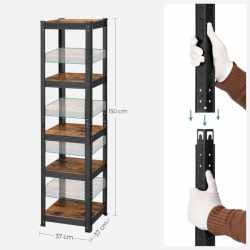 SONGMICS Etajera 5 rafturi ajustabile, structura metalica, stil industrial, MDF, 37x37x150 cm, maro si negru