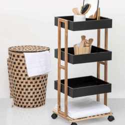 Etajera cu 4 rafturi 5Five Natureo pe roti, MDF si bambus, 40x30x88 cm, negru